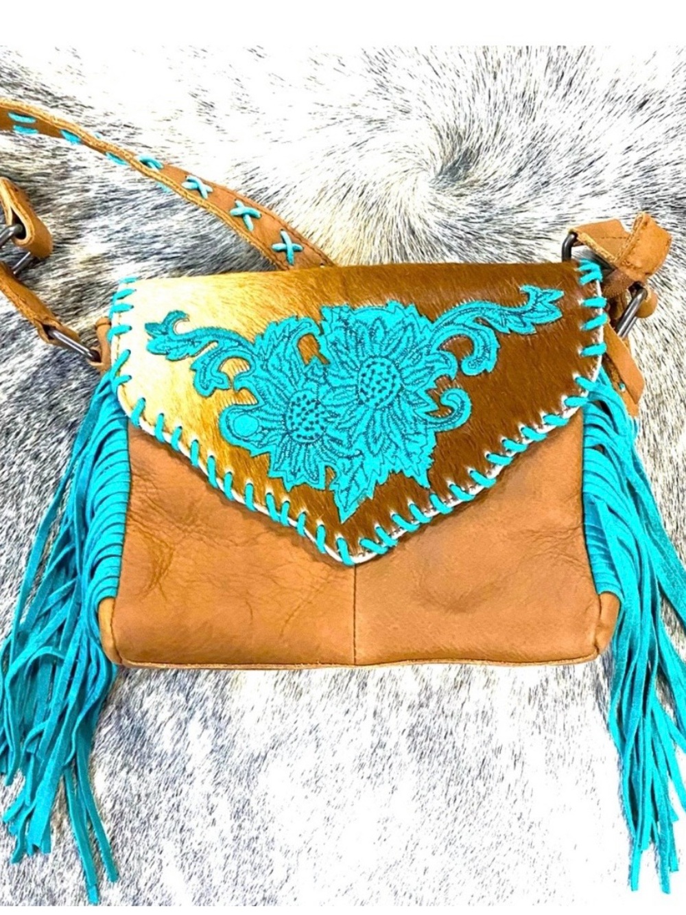 Turquoise Floral Accent Brown Leather Fringe Crossbody Bag